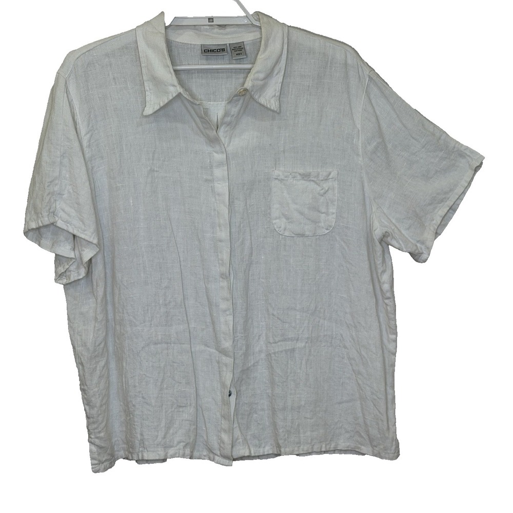 Chico's Button Front Top Womens Sz 3 USXL White 100% Linen Short Sleeve Collared